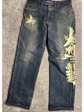 Vintage MISKEEN JEANS Men's Y2K Flying Birds Graffiti Size 36